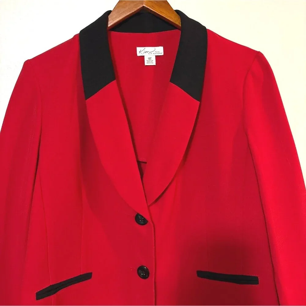 Kim RogersWomens Red Blazer W/ Black Collar 14P Petite Polyester Button Front - Picture 3 of 5